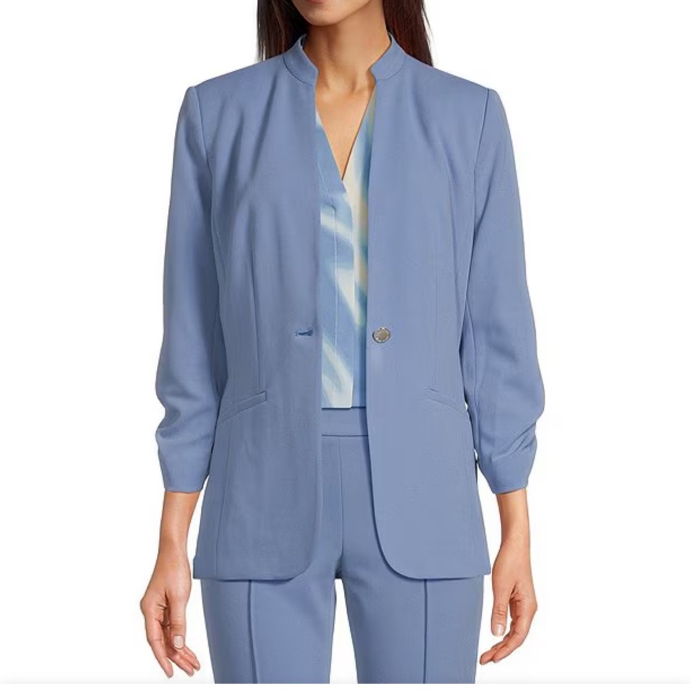 Calvin Klein Women’s Crepe Ruched-Sleeve Single Button Jacket Blue Size 12